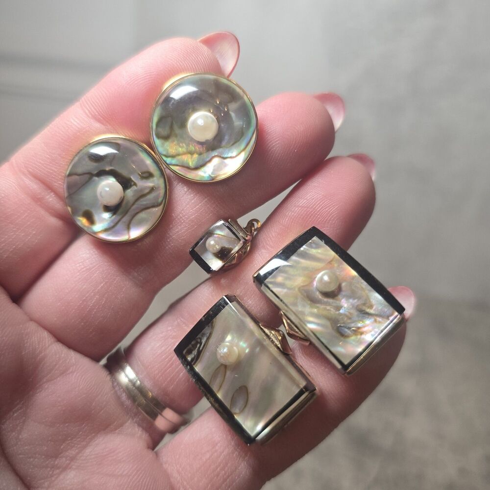 Vintage Swank Lucite Real "Pearl on Shell" Cuff Links & Tie Tack from 1970s 5 PC
